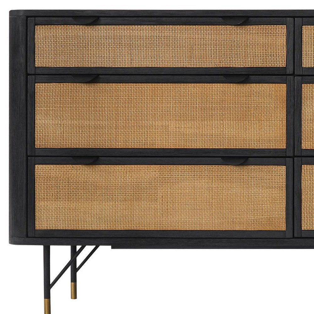 61" Black And Natural Solid Wood Six Drawer Double Dresser HomeRoots