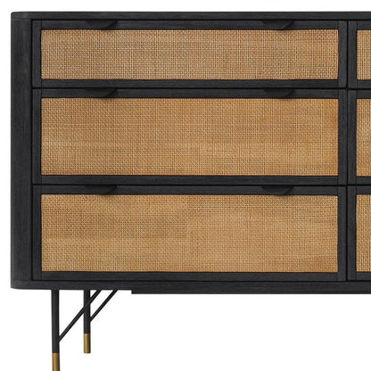 61" Black And Natural Solid Wood Six Drawer Double Dresser HomeRoots
