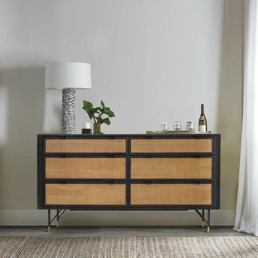 61" Black And Natural Solid Wood Six Drawer Double Dresser HomeRoots