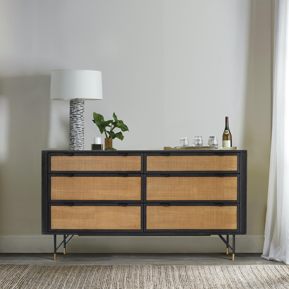 61" Black And Natural Solid Wood Six Drawer Double Dresser HomeRoots