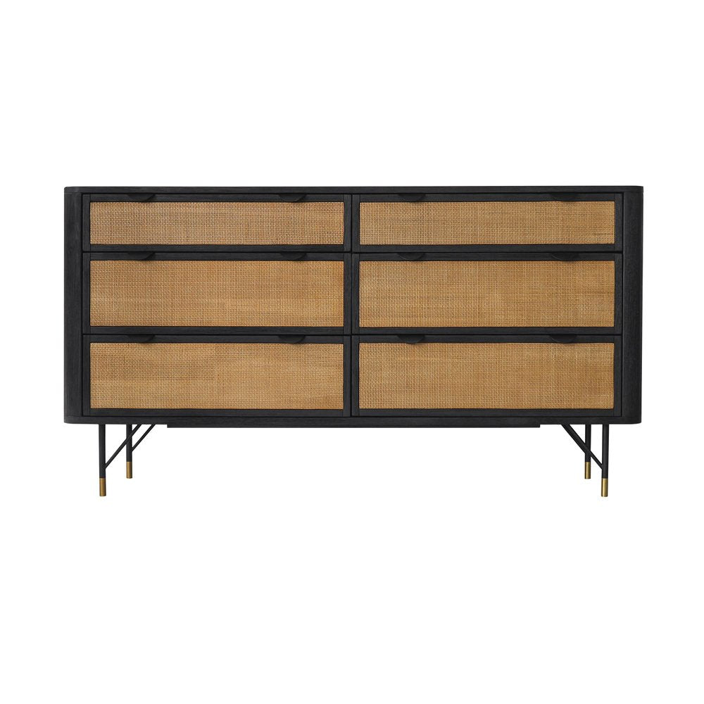 61" Black And Natural Solid Wood Six Drawer Double Dresser HomeRoots
