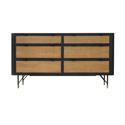 61" Black And Natural Solid Wood Six Drawer Double Dresser HomeRoots