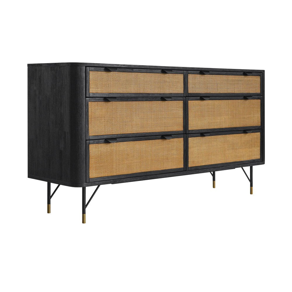 61" Black And Natural Solid Wood Six Drawer Double Dresser HomeRoots