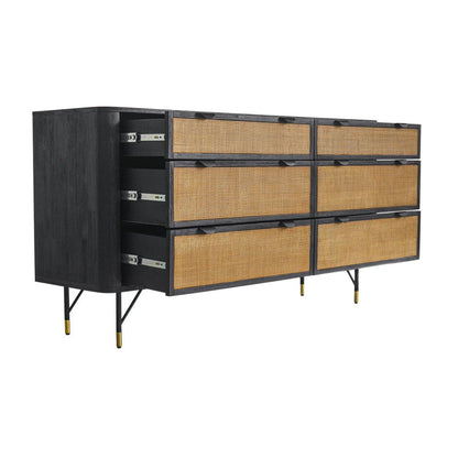 61" Black And Natural Solid Wood Six Drawer Double Dresser HomeRoots
