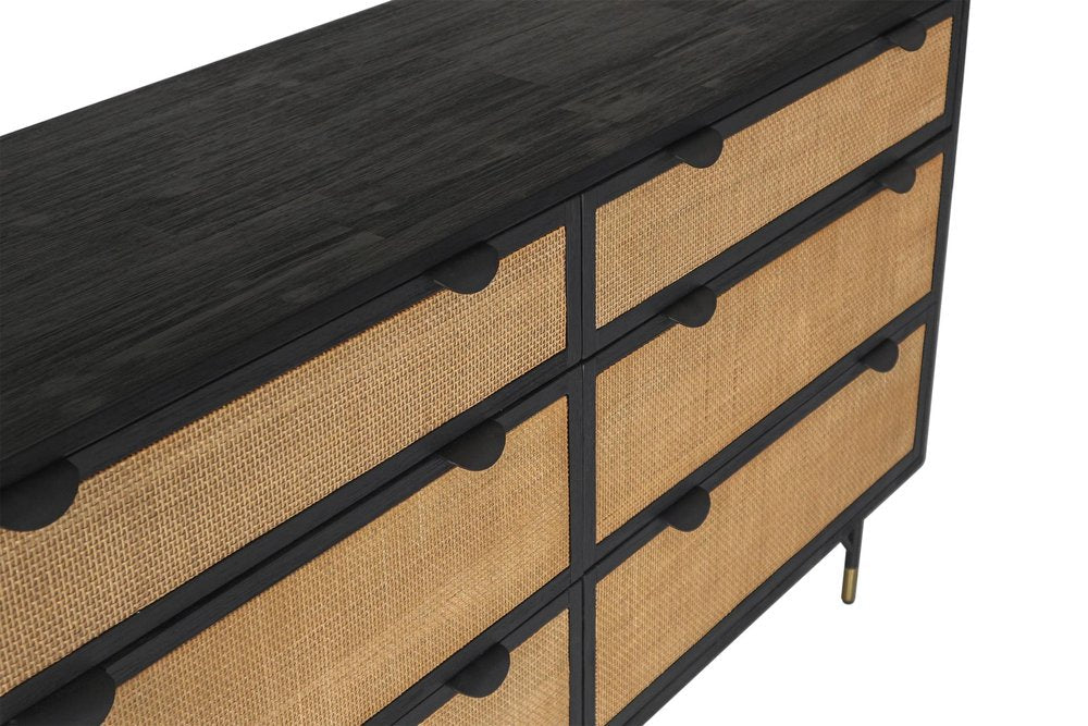 61" Black And Natural Solid Wood Six Drawer Double Dresser HomeRoots