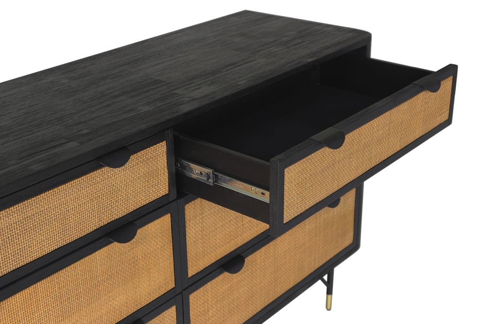 61" Black And Natural Solid Wood Six Drawer Double Dresser HomeRoots
