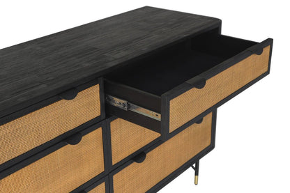 61" Black And Natural Solid Wood Six Drawer Double Dresser HomeRoots