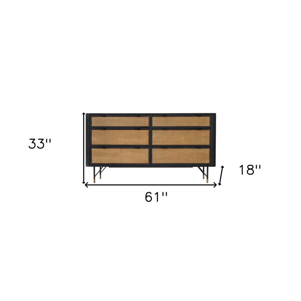 61" Black And Natural Solid Wood Six Drawer Double Dresser HomeRoots