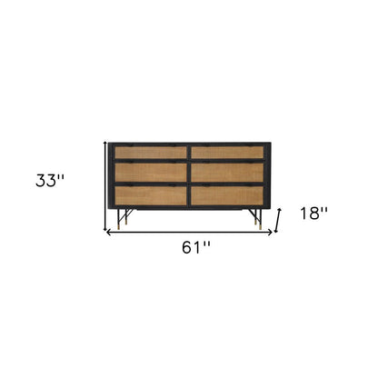 61" Black And Natural Solid Wood Six Drawer Double Dresser HomeRoots