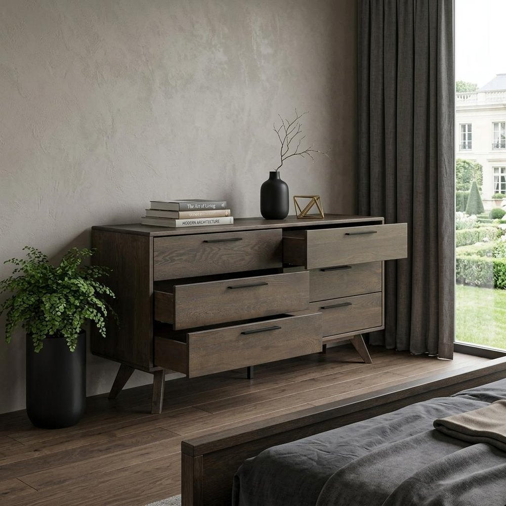 63" Dark Brown Solid Wood Six Drawer Double Dresser HomeRoots