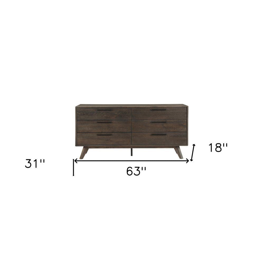 63" Dark Brown Solid Wood Six Drawer Double Dresser — view 7