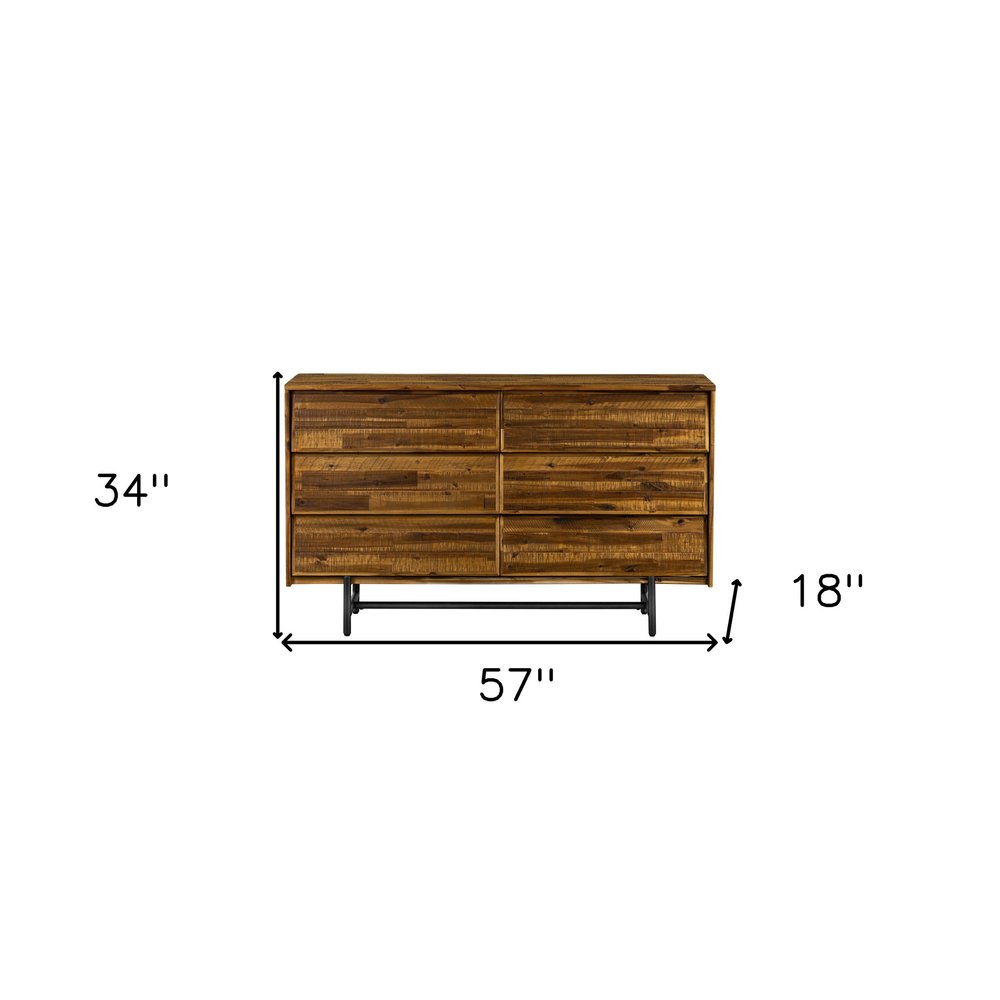 57" Brown and Black Solid Wood Six Drawer Double Dresser HomeRoots