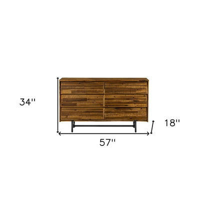 57" Brown and Black Solid Wood Six Drawer Double Dresser HomeRoots