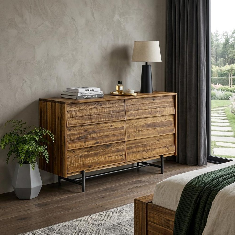 57" Brown and Black Solid Wood Six Drawer Double Dresser HomeRoots
