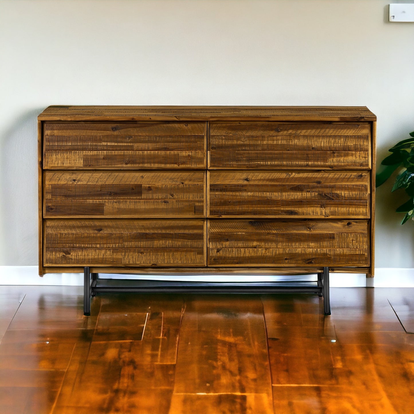 57" Brown and Black Solid Wood Six Drawer Double Dresser