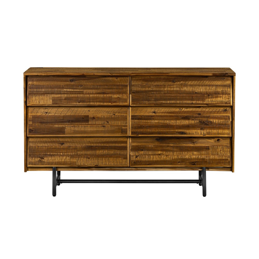 57" Brown and Black Solid Wood Six Drawer Double Dresser HomeRoots