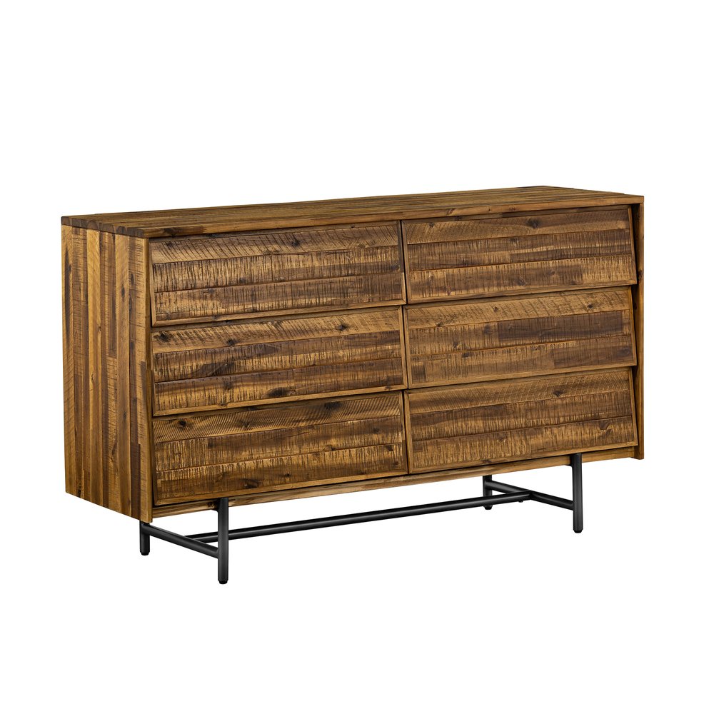 57" Brown and Black Solid Wood Six Drawer Double Dresser HomeRoots