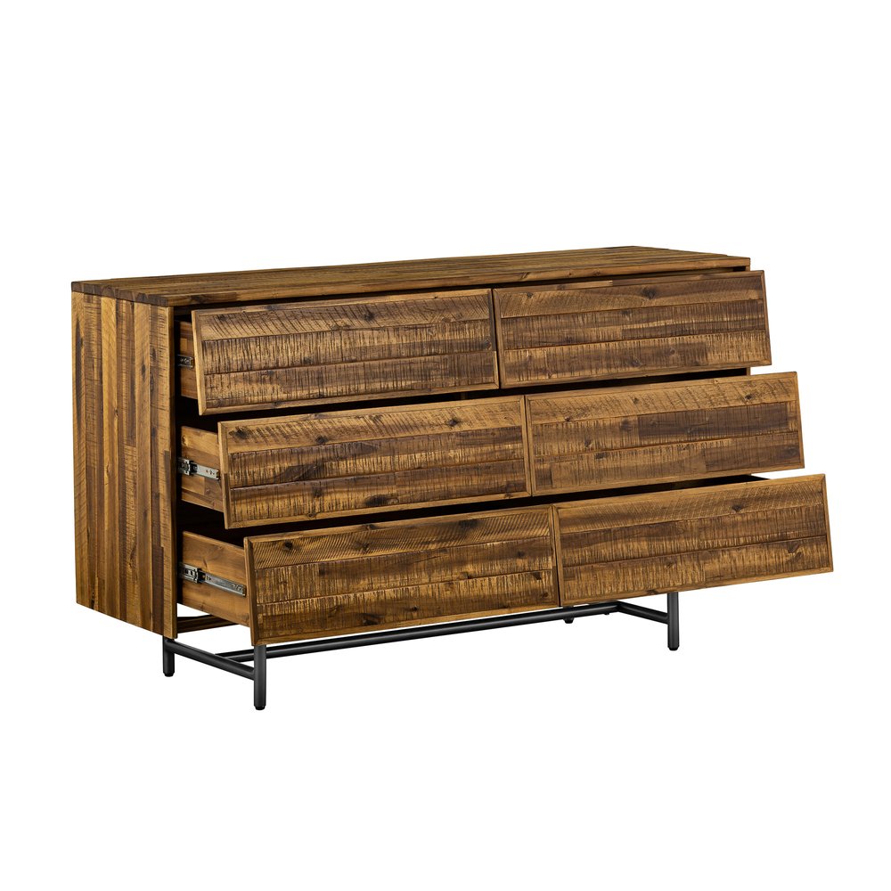 57" Brown and Black Solid Wood Six Drawer Double Dresser HomeRoots