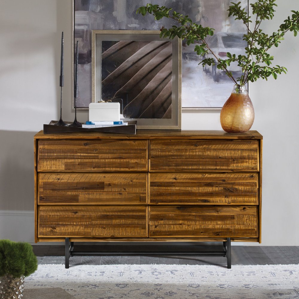 57" Brown and Black Solid Wood Six Drawer Double Dresser HomeRoots