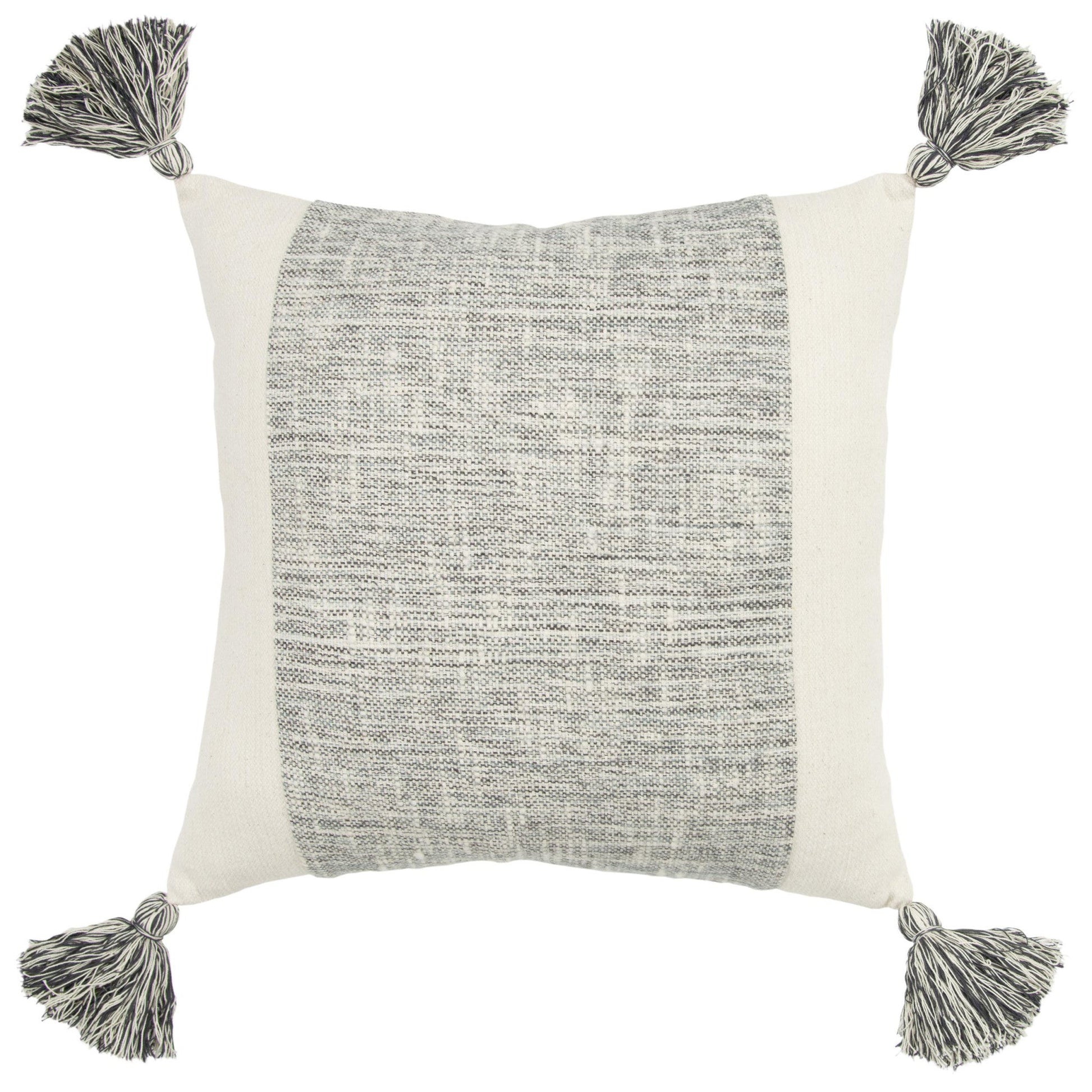 20" Gray and Ivory Cotton Pillow With Tassels Edges FurniFindUSA