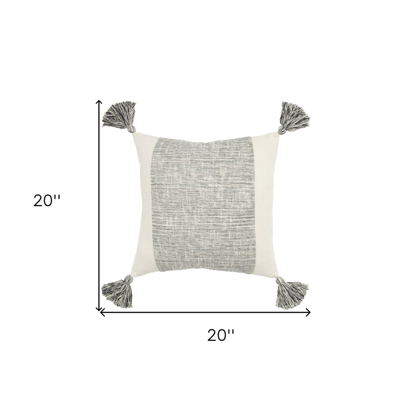 20" Gray and Ivory Cotton Pillow With Tassels Edges FurniFindUSA