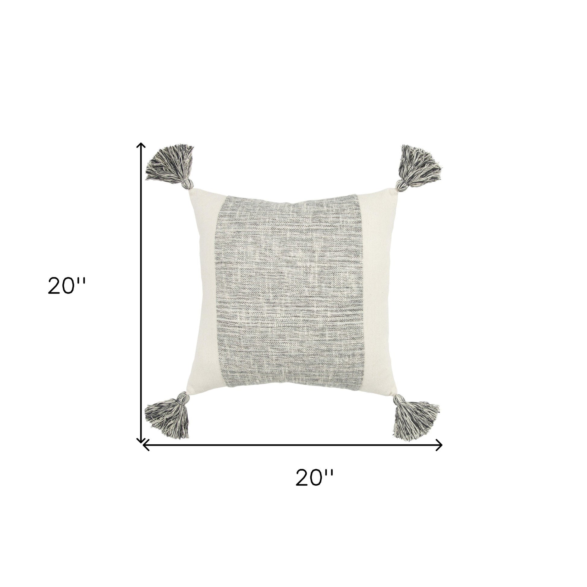 20" Gray and Ivory Cotton Pillow With Tassels Edges FurniFindUSA