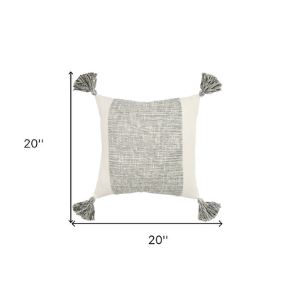 20" Gray and Ivory Cotton Pillow With Tassels Edges FurniFindUSA