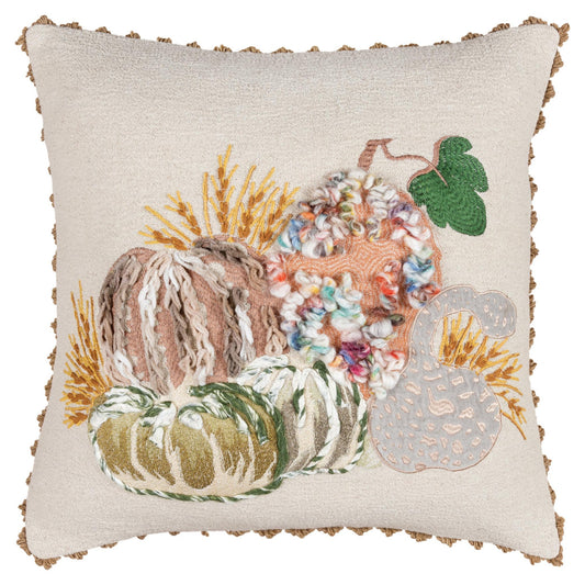 20" Beige and Green Thanksgiving Cotton Pillow With Applique, Embroidery Edges FurniFindUSA