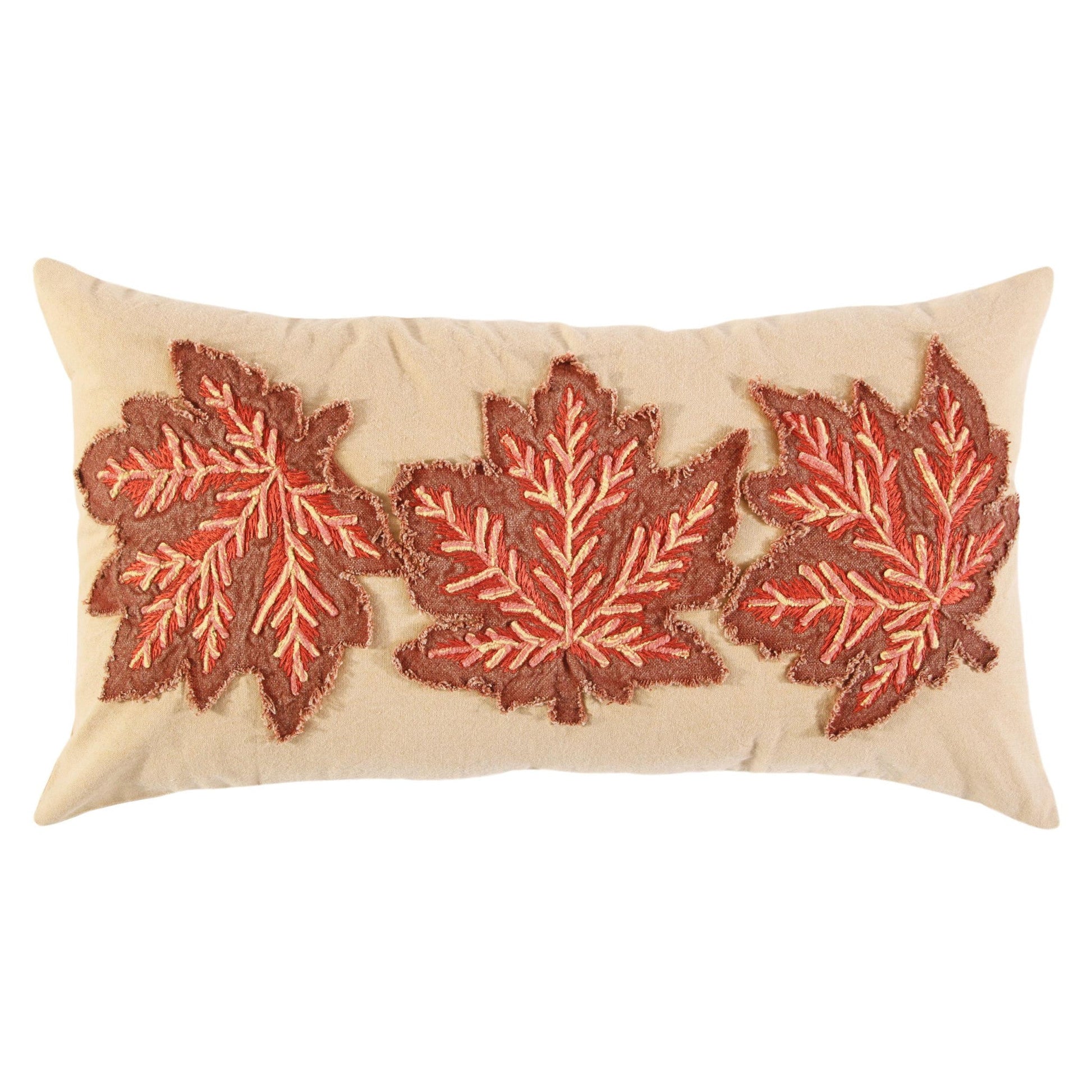 14" X 26" Beige and Brown Autumn Leaves Throw Pillow With Applique And Embroidery FurniFindUSA