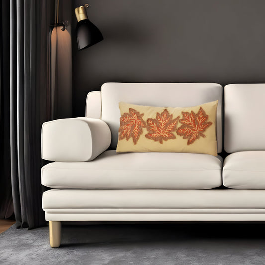 14" X 26" Beige and Brown Autumn Leaves Throw Pillow With Applique And Embroidery FurniFindUSA