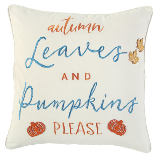 20" Ivory Blue and Orange Thanksgiving Cotton Pillow With Applique, Embroidery Edges FurniFindUSA