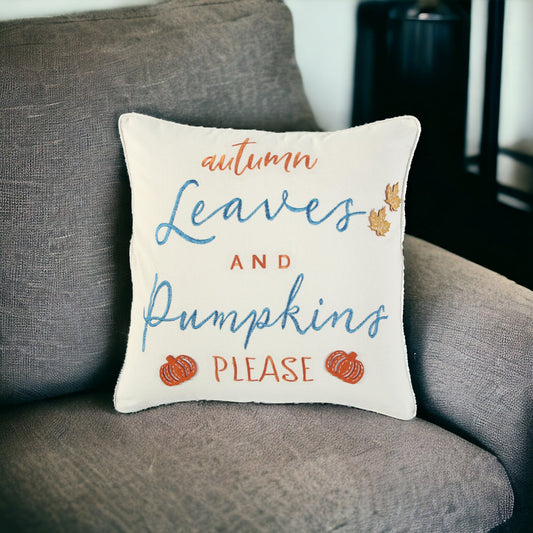 20" Ivory Blue and Orange Thanksgiving Cotton Pillow With Applique, Embroidery Edges FurniFindUSA