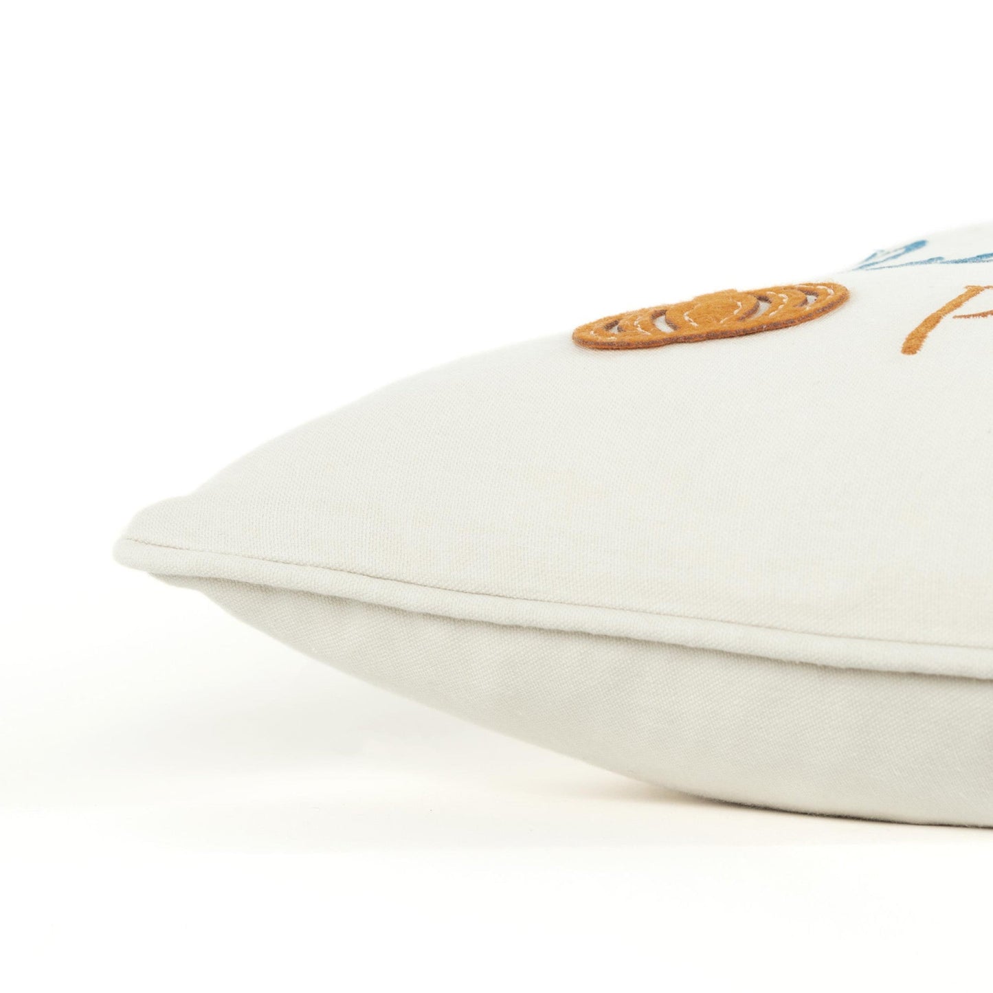 20" Ivory Blue and Orange Thanksgiving Cotton Pillow With Applique, Embroidery Edges FurniFindUSA