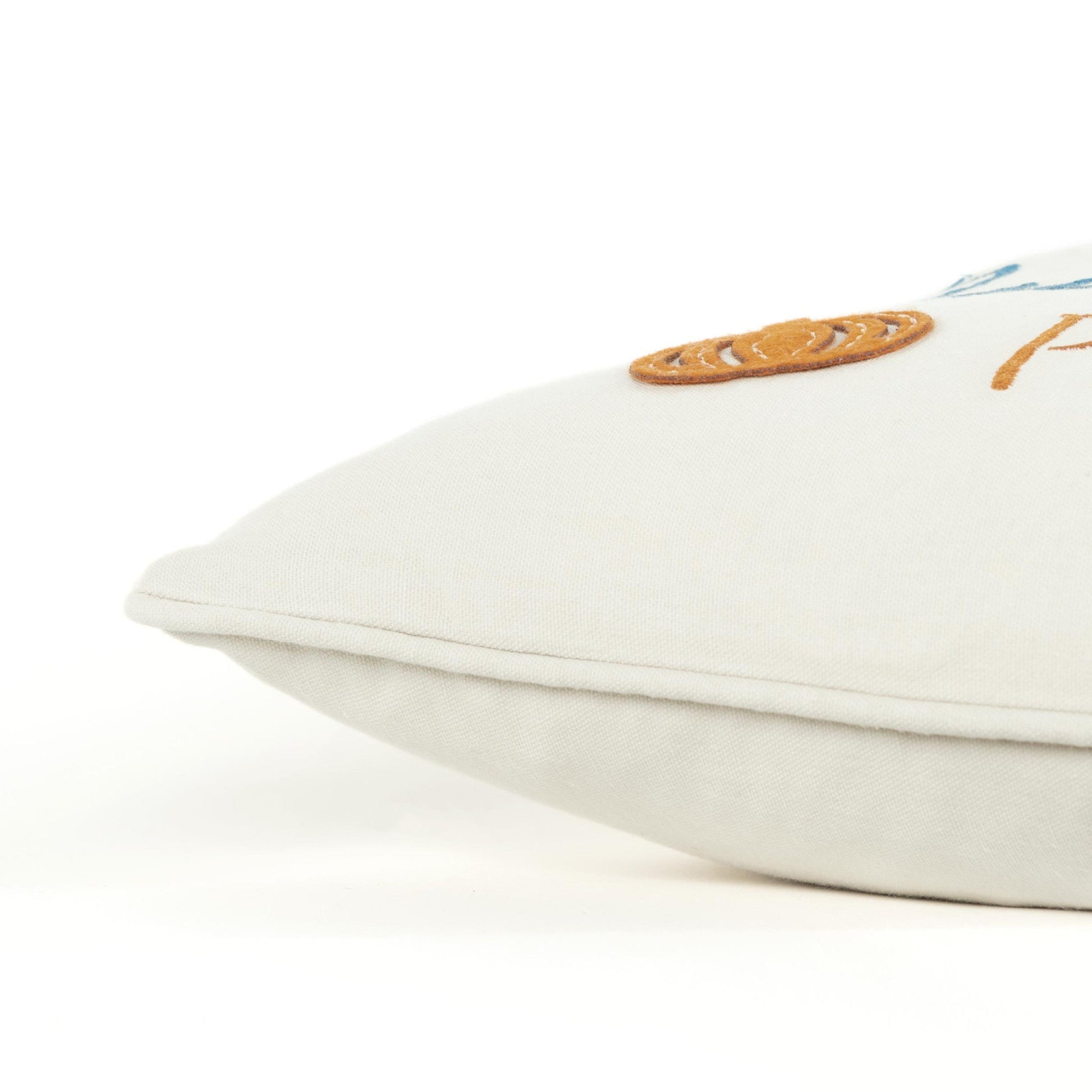 20" Ivory Blue and Orange Thanksgiving Cotton Pillow With Applique, Embroidery Edges FurniFindUSA