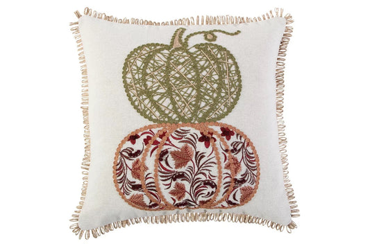18" Ivory Green and Red Thanksgiving Cotton Pillow With Applique, Embroidery Edges FurniFindUSA