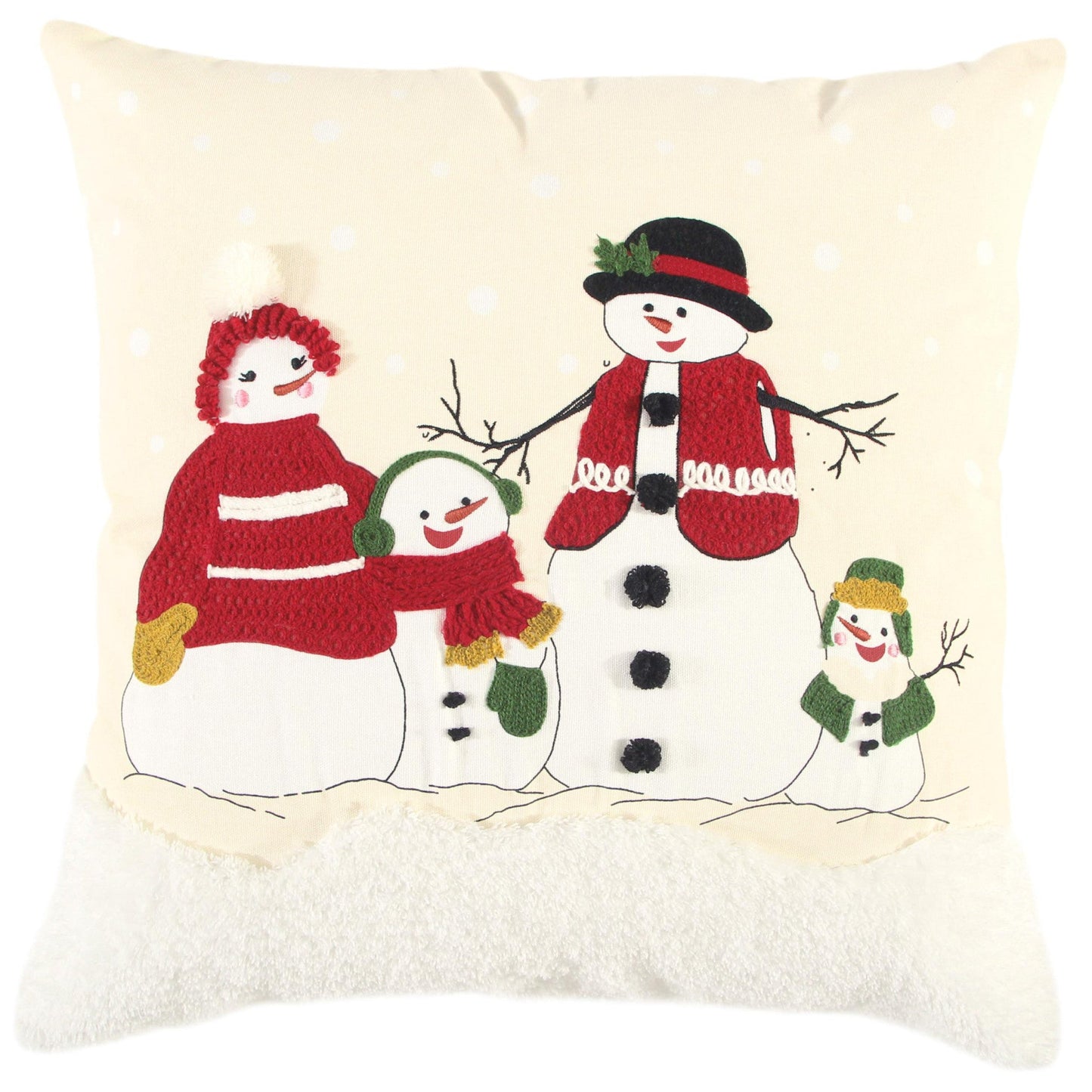 20" Red and Ivory Christmas Cotton Pillow With Applique, Embroidery, Pom Poms Edges FurniFindUSA