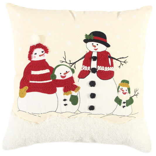 20" Red and Ivory Christmas Cotton Pillow With Applique, Embroidery, Pom Poms Edges FurniFindUSA