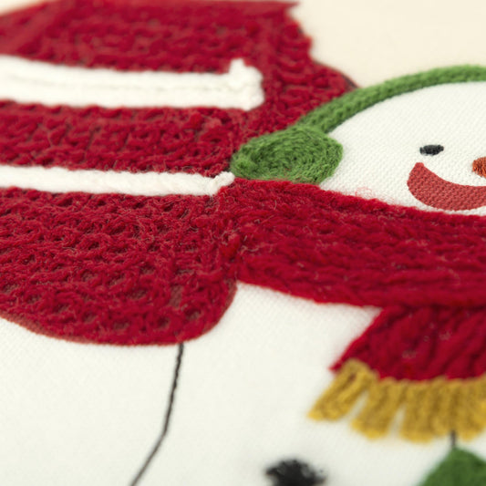 20" Red and Ivory Christmas Cotton Pillow With Applique, Embroidery, Pom Poms Edges FurniFindUSA