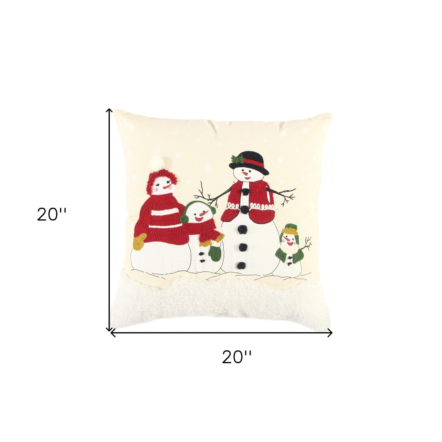 20" Red and Ivory Christmas Cotton Pillow With Applique, Embroidery, Pom Poms Edges FurniFindUSA