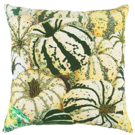 20" Green and White Thanksgiving Cotton Pillow With Embroidery, Beads Edges FurniFindUSA