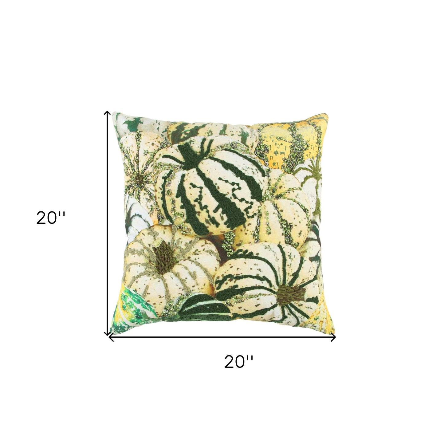 20" Green and White Thanksgiving Cotton Pillow With Embroidery, Beads Edges FurniFindUSA