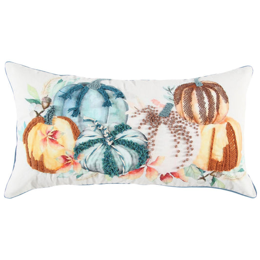14" X 14" Blue and White Thanksgiving Cotton Pillow With Embroidery Edges FurniFindUSA