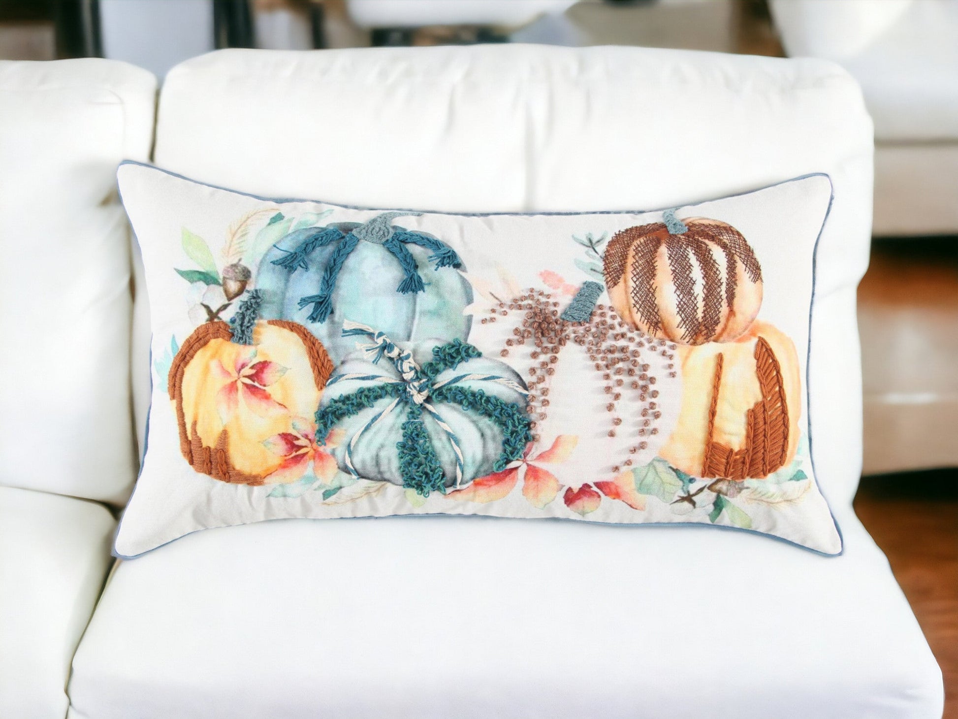 14" X 14" Blue and White Thanksgiving Cotton Pillow With Embroidery Edges FurniFindUSA
