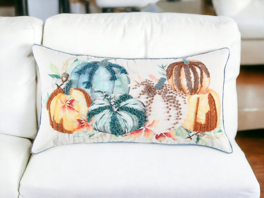 14" X 14" Blue and White Thanksgiving Cotton Pillow With Embroidery Edges FurniFindUSA