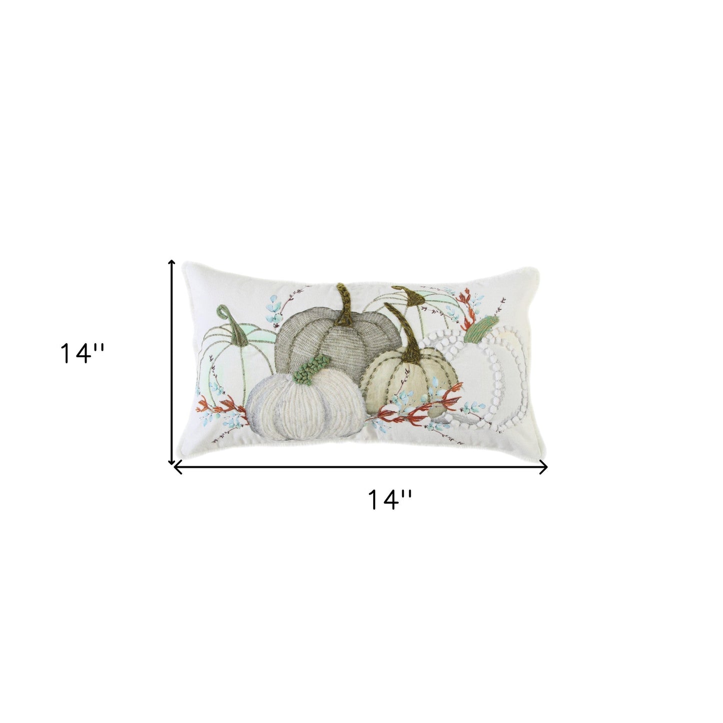 14" X 14" Green and White Thanksgiving Cotton Pillow With Embroidery Edges FurniFindUSA