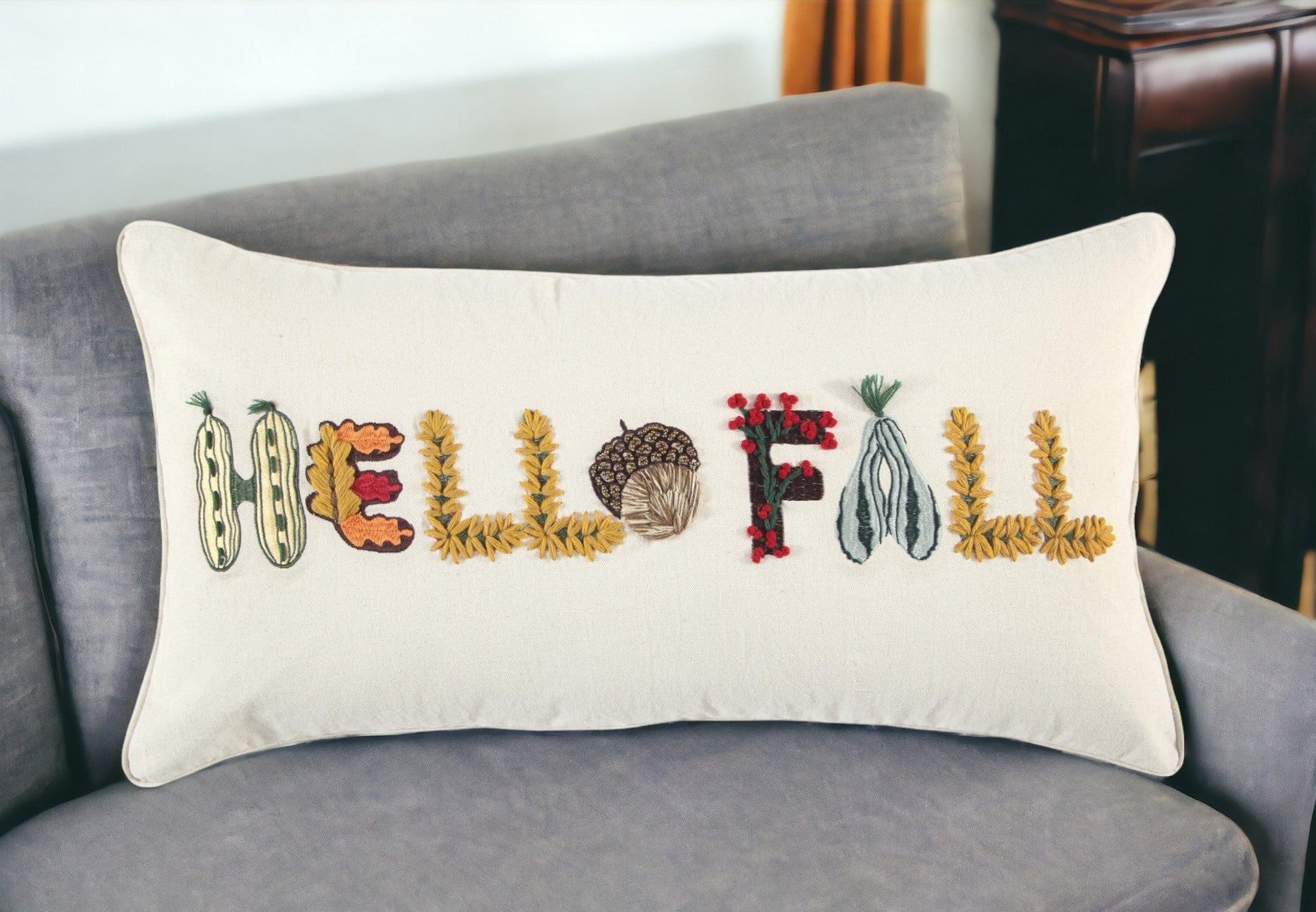 14" X 14" Yellow and White Thanksgiving Cotton Pillow With Embroidery Edges FurniFindUSA
