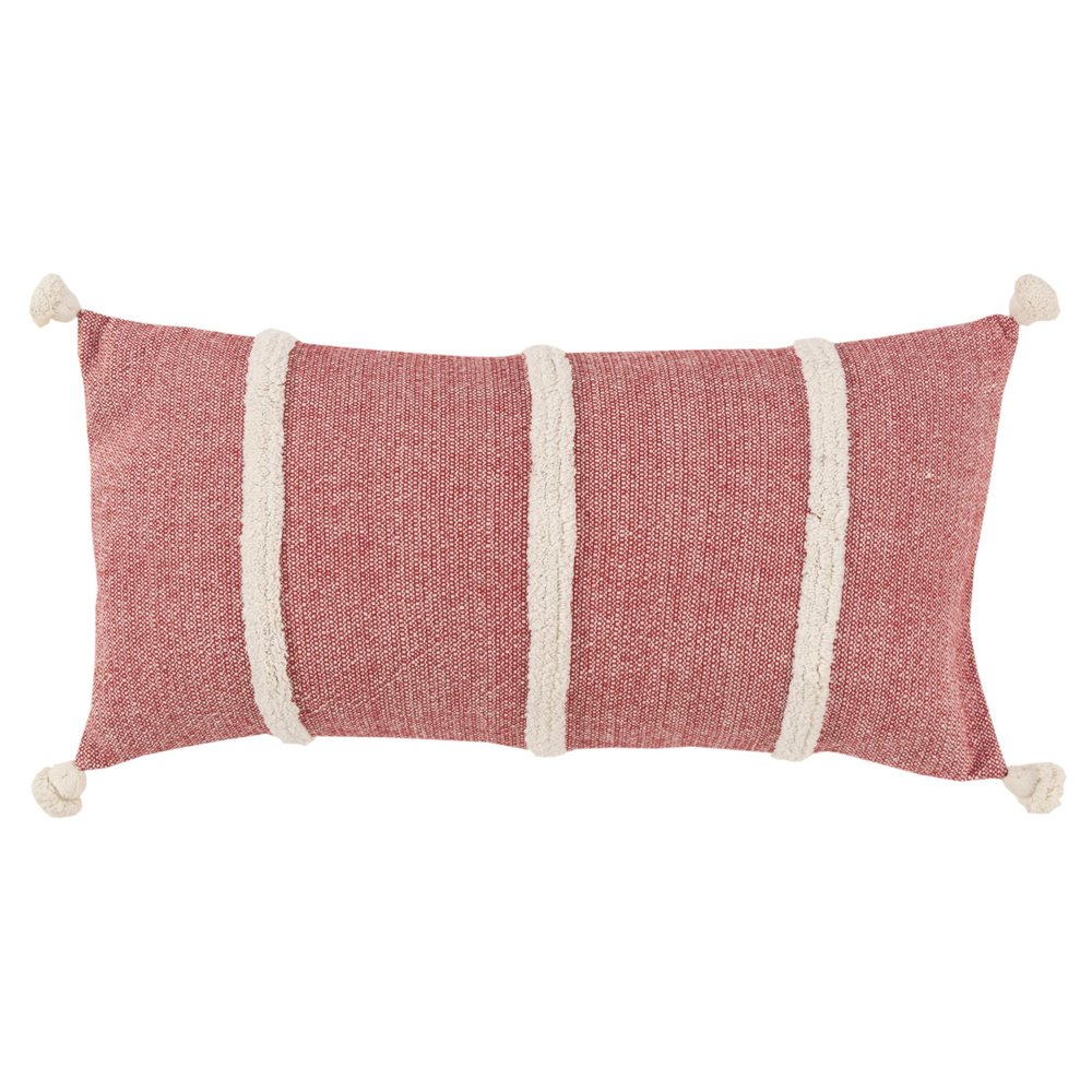 14" X 26" Red And White Lumbar Weave Cotton Throw Pillow with Tassels — view 1