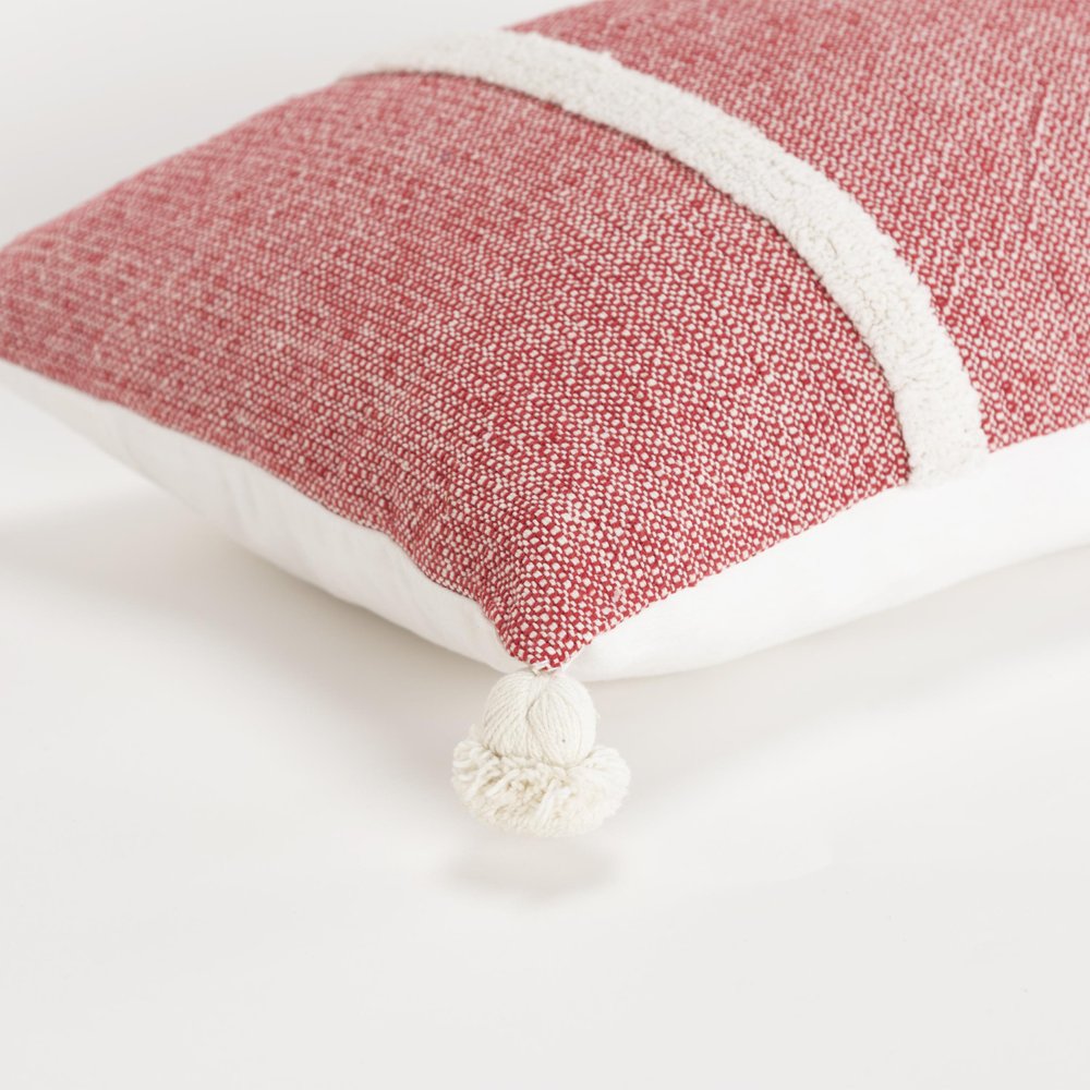 14" X 26" Red And White Lumbar Weave Cotton Throw Pillow with Tassels — view 2