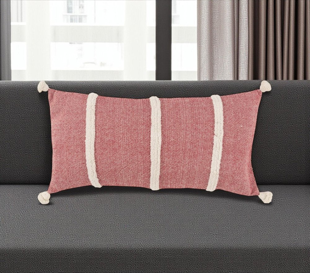 14" X 26" Red And White Lumbar Weave Cotton Throw Pillow with Tassels — view 6