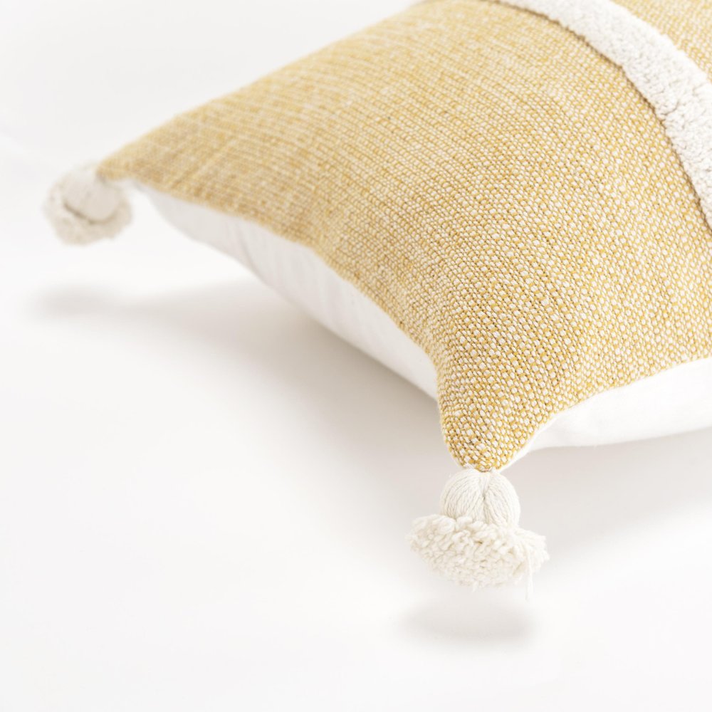 14" X 26" White And Yellow Lumbar Weave Cotton Throw Pillow with Tassels — view 2